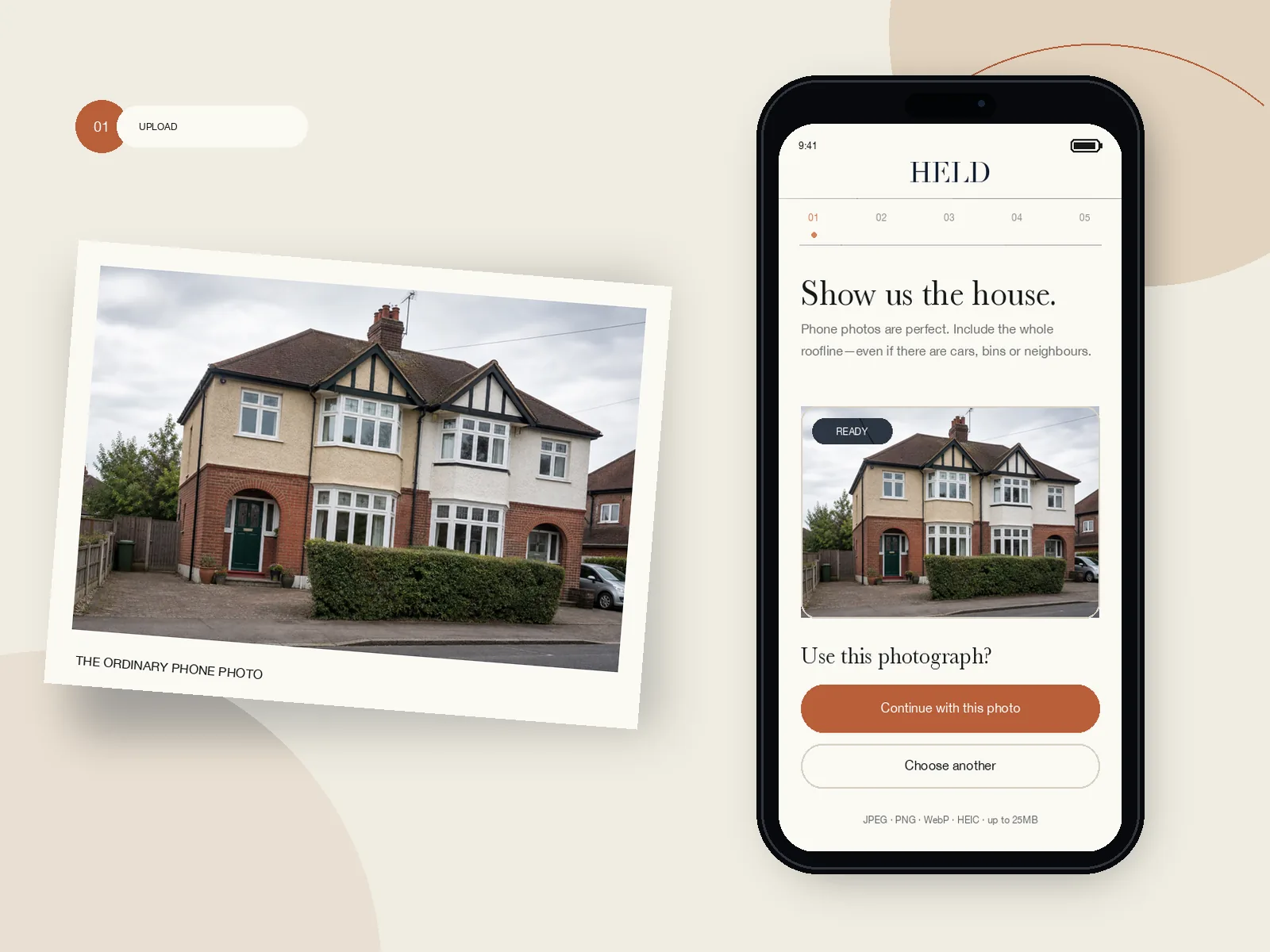 An ordinary photograph of a British semi-detached house beside the HELD photo upload step.