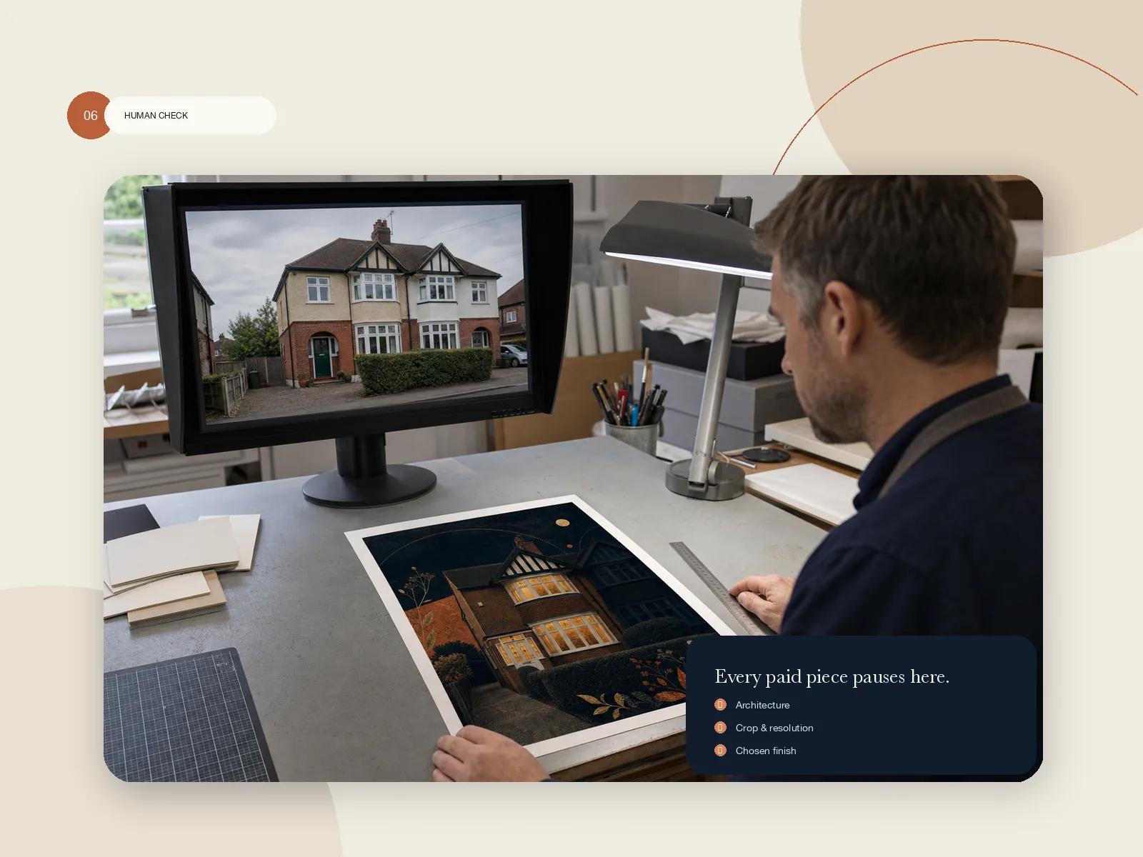 An illustration of the HELD quality check: the original house photograph on screen beside the printed portrait.